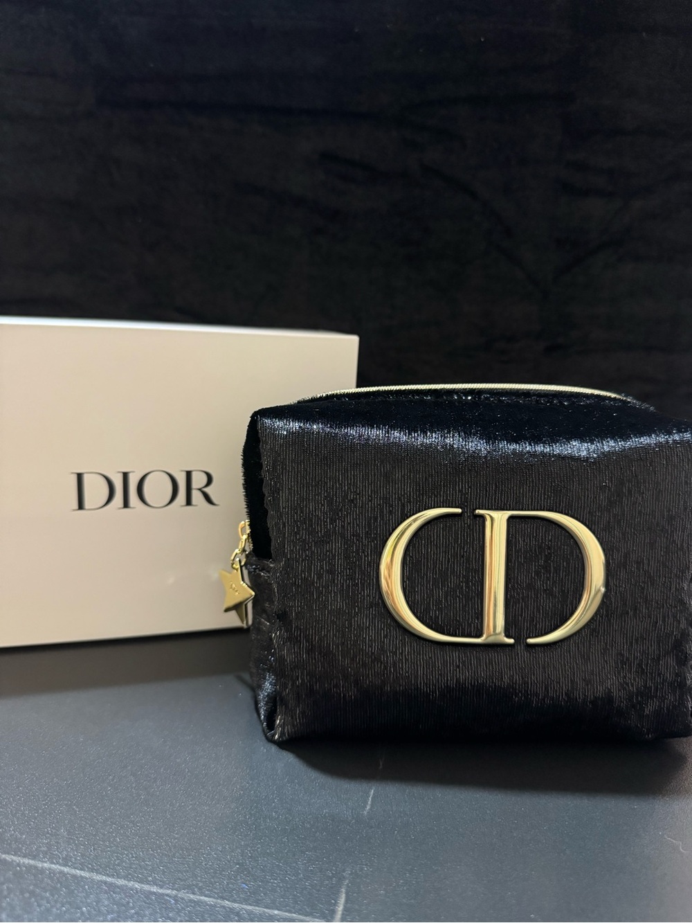 Dior Black Velvet Cosmetic Case with Gold CD Emblem
